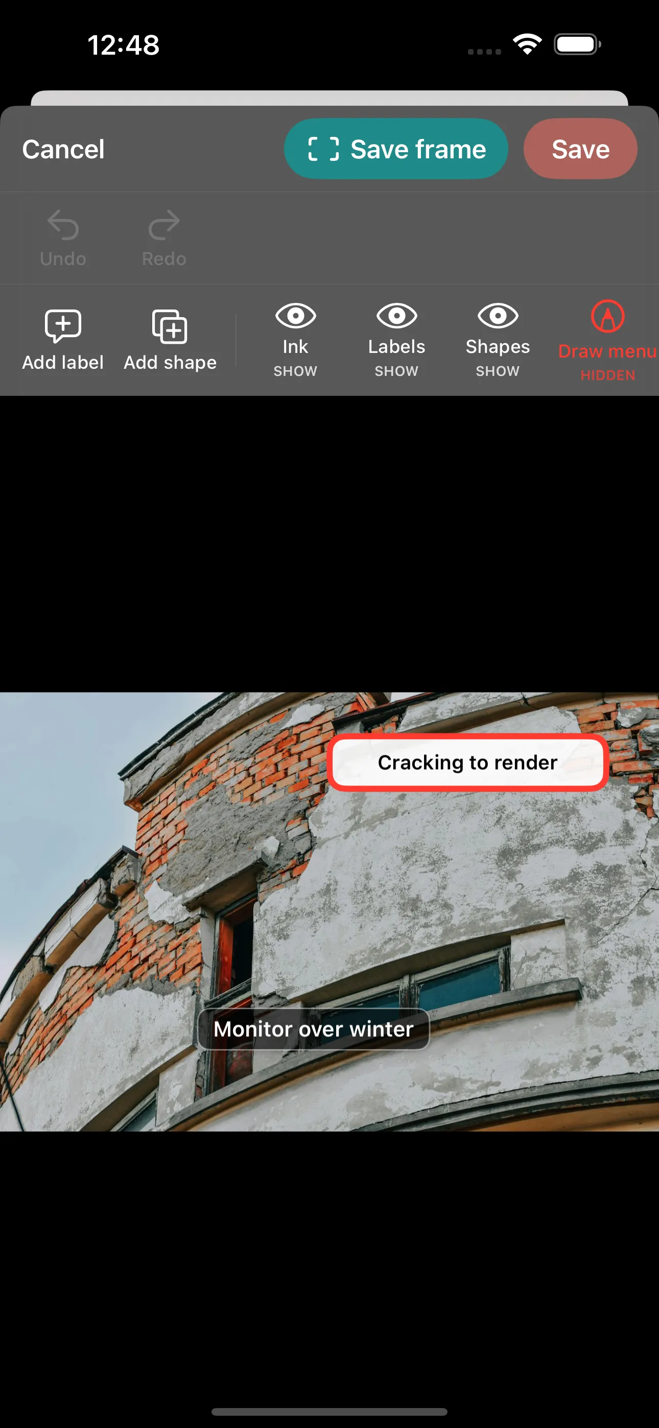 Annotating a site photo in PikPix with callout labels pointing at the defects that matter.