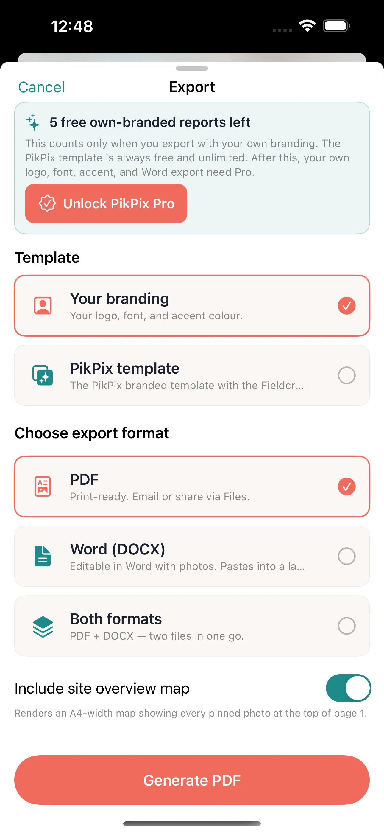 The PikPix export screen offering PDF, Word, or both formats with your own branding.