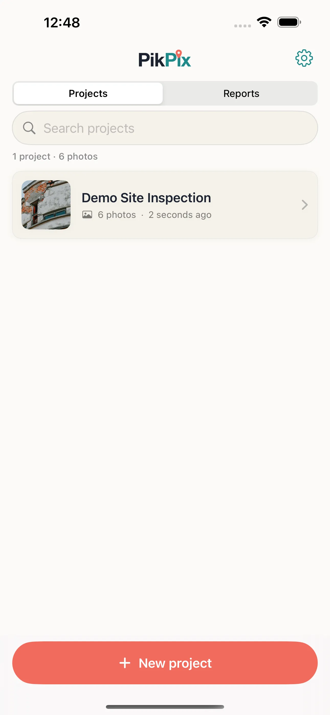 The PikPix projects home screen, listing each site as its own project ready to open.