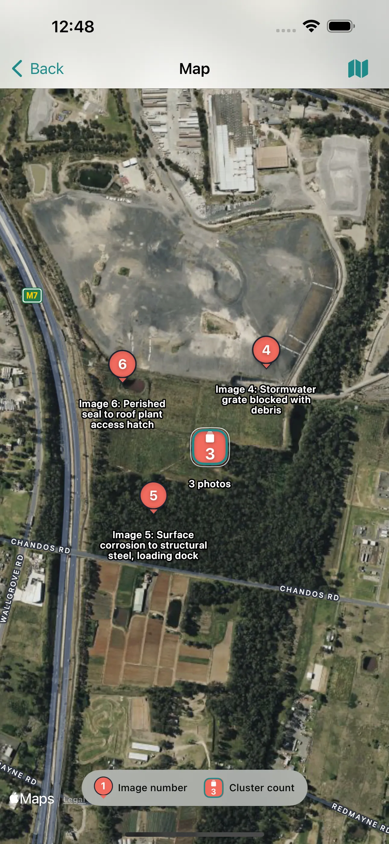 A site overview map in PikPix with numbered pins clustered automatically over each photo's location.