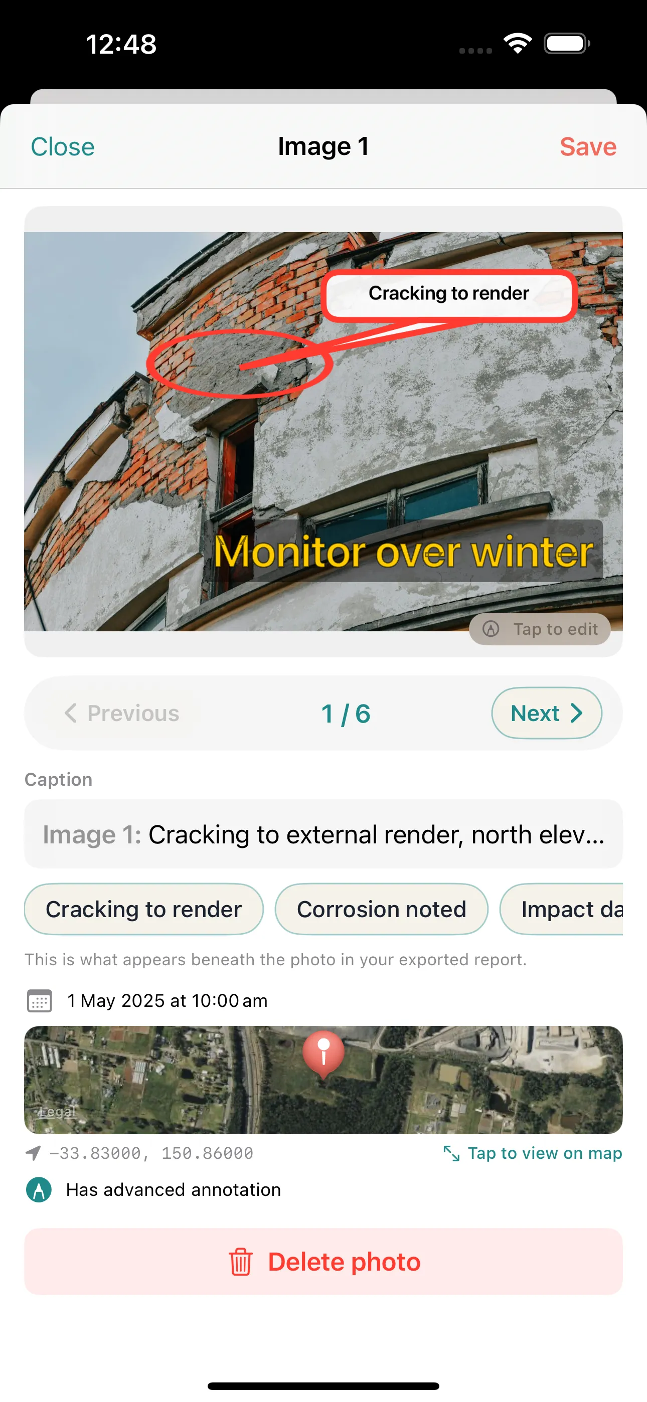 Captioning a site photo in PikPix, with suggestion chips offering the phrases you reuse most.