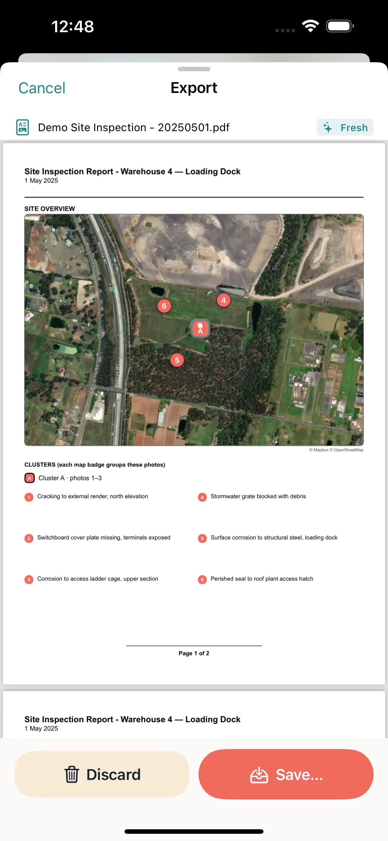 PikPix export screen showing a finished site inspection report with a captioned site overview map, ready to share as a PDF.