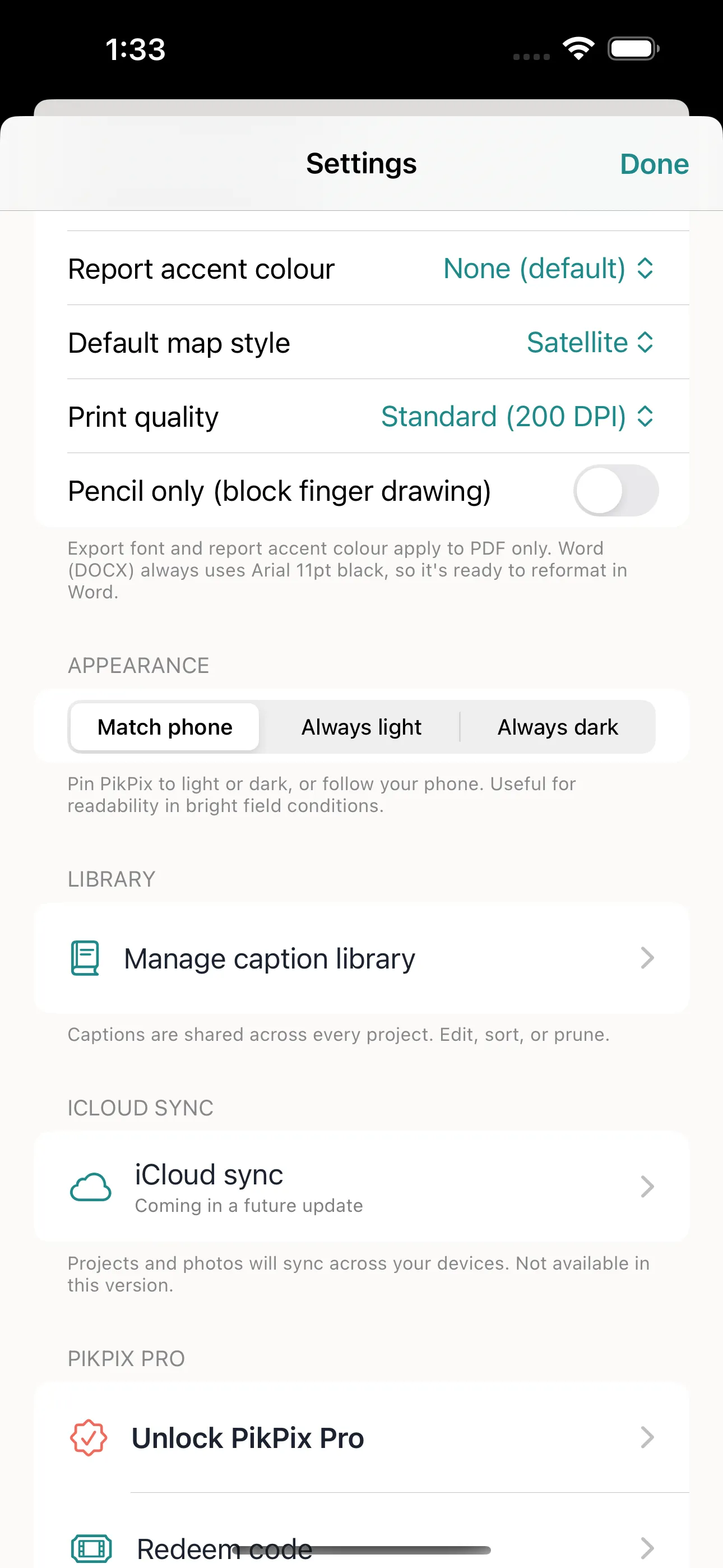 The PikPix settings screen, where print quality and image quality are set for your exports.